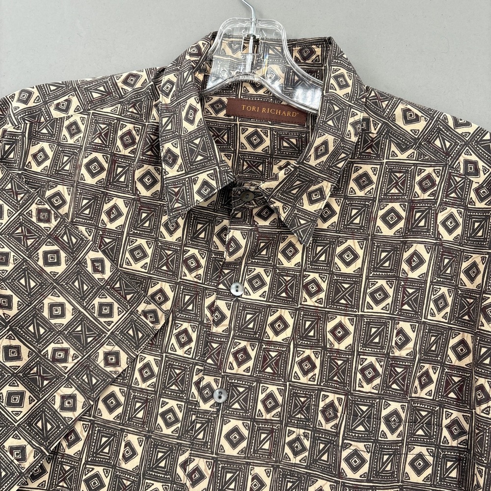 Tori Richard Shirt Mens Large Brown Geometric Hawaiian Aloha Cotton‎ Lawn USA